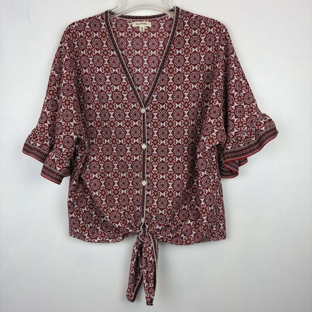 Max Studio Top Womens Large Floral Print Ruffle Sleeve Tie Red Boho Peasant